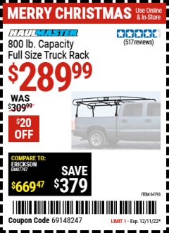 Harbor Freight Coupon 800 LB CAPACITY FULL SIZE TRUCK RACK Lot No. 64793 Expired: 12/11/22 - $289.99