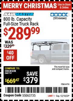 Harbor Freight Coupon 800 LB CAPACITY FULL SIZE TRUCK RACK Lot No. 64793 Expired: 12/10/23 - $289.99