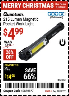 Harbor Freight Coupon 215 LUMEN MAGNETIC POCKET WORK LIGHT Lot No. 58569 Expired: 12/11/22 - $4.99