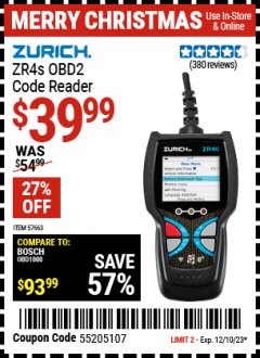 Harbor Freight Coupon ZURICH ZR4S OBD2 CODE READER Lot No. 57663 Expired: 12/10/23 - $39.99