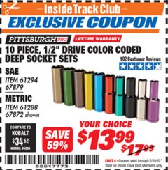 Harbor Freight ITC Coupon 10 PIECE 1/2" DRIVE COLOR CODED DEEP WALL SOCKET SET Lot No. 67879/61294/67872/61288 Expired: 2/29/20 - $13.99