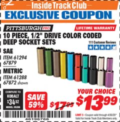Harbor Freight ITC Coupon 10 PIECE 1/2" DRIVE COLOR CODED DEEP WALL SOCKET SET Lot No. 67879/61294/67872/61288 Expired: 4/30/20 - $13.99
