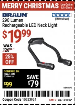 Harbor Freight Coupon BRAUN 290 LUMEN RECHARGEABLE LED NECK LIGHT Lot No. 58043 Expired: 12/26/22 - $19.99