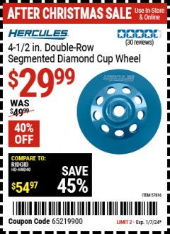Harbor Freight Coupon HERCULES 4-1/2 IN. DIAMOND SEGMENTED TURBO CUP WHEEL Lot No. 57849 Expired: 1/7/24 - $29.99