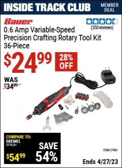 Harbor Freight ITC Coupon BAUER .6 AMP VARIABLE SPEED PRECISION CRAFTING ROTARY TOOL KIT - 36 PIECE Lot No. 57001 Expired: 4/27/23 - $24.99
