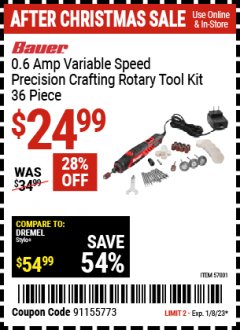 Harbor Freight Coupon BAUER .6 AMP VARIABLE SPEED PRECISION CRAFTING ROTARY TOOL KIT - 36 PIECE Lot No. 57001 Expired: 1/8/23 - $24.99