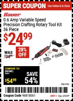 Harbor Freight Coupon BAUER .6 AMP VARIABLE SPEED PRECISION CRAFTING ROTARY TOOL KIT - 36 PIECE Lot No. 57001 Valid Thru: 2/5/23 - $24.99