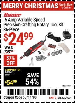 Harbor Freight Coupon BAUER .6 AMP VARIABLE SPEED PRECISION CRAFTING ROTARY TOOL KIT - 36 PIECE Lot No. 57001 Expired: 12/24/23 - $24.99