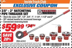 Harbor Freight ITC Coupon 3/8" -  2" RATCHETING PIPE THREADER SET Lot No. 62353 Expired: 6/30/18 - $59.99