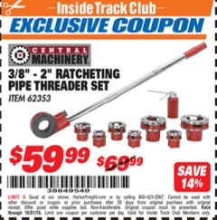 Harbor Freight ITC Coupon 3/8" -  2" RATCHETING PIPE THREADER SET Lot No. 62353 Expired: 10/31/18 - $59.99