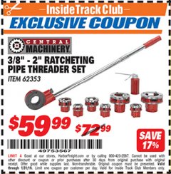 Harbor Freight ITC Coupon 3/8" -  2" RATCHETING PIPE THREADER SET Lot No. 62353 Expired: 1/31/19 - $59.99