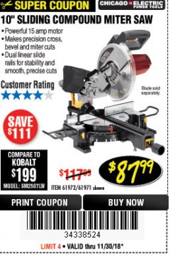 Harbor Freight Coupon CHICAGO ELECTRIC 10" SLIDING COMPOUND MITER SAW Lot No. 56708/61972/61971 Expired: 11/30/18 - $87.99