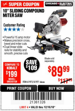 Harbor Freight Coupon CHICAGO ELECTRIC 10" SLIDING COMPOUND MITER SAW Lot No. 56708/61972/61971 Expired: 12/16/18 - $89.99
