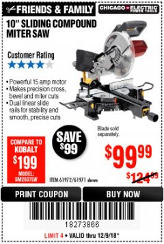 Harbor Freight Coupon CHICAGO ELECTRIC 10" SLIDING COMPOUND MITER SAW Lot No. 56708/61972/61971 Expired: 12/9/18 - $99.99