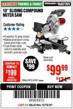 Harbor Freight Coupon CHICAGO ELECTRIC 10" SLIDING COMPOUND MITER SAW Lot No. 56708/61972/61971 Expired: 12/16/18 - $99.99