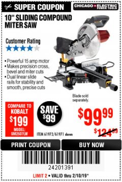 Harbor Freight Coupon CHICAGO ELECTRIC 10" SLIDING COMPOUND MITER SAW Lot No. 56708/61972/61971 Expired: 2/10/19 - $99.99