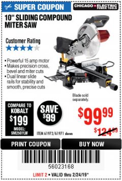 Harbor Freight Coupon CHICAGO ELECTRIC 10" SLIDING COMPOUND MITER SAW Lot No. 56708/61972/61971 Expired: 2/24/19 - $99.99