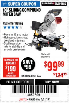 Harbor Freight Coupon CHICAGO ELECTRIC 10" SLIDING COMPOUND MITER SAW Lot No. 56708/61972/61971 Expired: 3/31/19 - $99.99