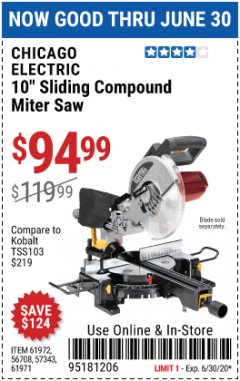 Harbor Freight Coupon CHICAGO ELECTRIC 10" SLIDING COMPOUND MITER SAW Lot No. 56708/61972/61971 Expired: 6/30/20 - $94.99