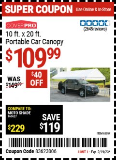 Harbor Freight Coupon COVERPRO 10 FT. X 20 FT. PORTABLE CAR CANOPY Lot No. 63054 Expired: 2/19/23 - $109.99