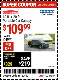 Harbor Freight Coupon COVERPRO 10 FT. X 20 FT. PORTABLE CAR CANOPY Lot No. 63054 Expired: 4/13/23 - $109.99