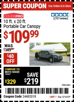Harbor Freight Coupon COVERPRO 10 FT. X 20 FT. PORTABLE CAR CANOPY Lot No. 63054 Expired: 5/14/23 - $109.99