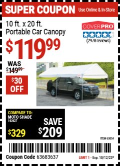 Harbor Freight Coupon COVERPRO 10 FT. X 20 FT. PORTABLE CAR CANOPY Lot No. 63054 Expired: 10/12/23 - $119.99