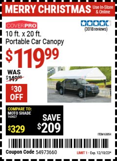 Harbor Freight Coupon COVERPRO 10 FT. X 20 FT. PORTABLE CAR CANOPY Lot No. 63054 Expired: 12/10/23 - $119.99