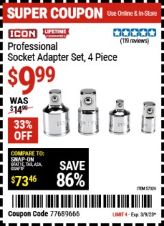 Harbor Freight Coupon ICON PROFESSIONAL SOCKET ADAPTER SET, 4 PIECE Lot No. 57324 Expired: 3/9/23 - $9.99
