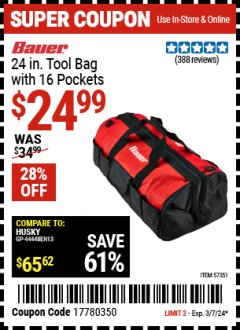 Harbor Freight Coupon BAUER 24 IN. TOOL BAG WITH 16 POCKETS Lot No. 57351 Valid Thru: 3/7/24 - $24.99