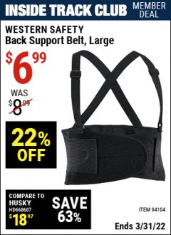 Harbor Freight ITC Coupon BACK SUPPORT BELTS Lot No. 94103/94104/94105/94106 Expired: 3/31/22 - $6.99