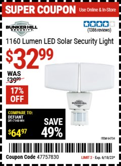 Harbor Freight Coupon BUNKER HILL 1160 LUMEN LED SOLAR SECURITY LIGHT Lot No. 64734 Expired: 6/18/23 - $32.99