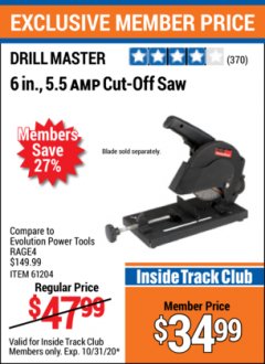 Harbor Freight ITC Coupon 6" 5.5 AMP CUT-OFF SAW Lot No. 41453/61204/61659/69438 Expired: 10/31/20 - $34.99