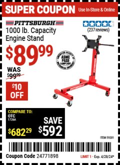 Harbor Freight Coupon 1000LB CAPACITY ENGINE STAND Lot No. 59201 EXPIRES: 4/28/24 - $89.99