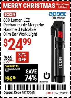 Harbor Freight Coupon 800 LUMEN LED RECHARGEABLE MAGNETIC FOLDING SLIM BAR WORK LIGHT Lot No. 59103 Expired: 12/10/23 - $24.99