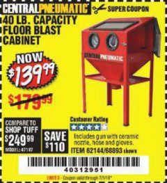 Harbor Freight Coupon 40 LB. CAPACITY FLOOR BLAST CABINET Lot No. 68893/62144/93608 Expired: 7/1/19 - $139.99
