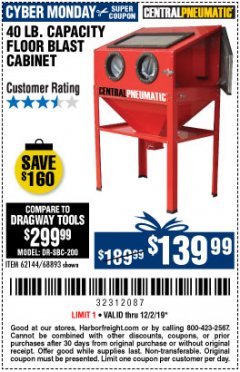 Harbor Freight Coupon 40 LB. CAPACITY FLOOR BLAST CABINET Lot No. 68893/62144/93608 Expired: 12/1/19 - $139.99