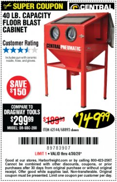 Harbor Freight Coupon 40 LB. CAPACITY FLOOR BLAST CABINET Lot No. 68893/62144/93608 Expired: 6/30/20 - $149.99