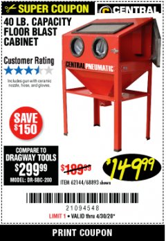 Harbor Freight Coupon 40 LB. CAPACITY FLOOR BLAST CABINET Lot No. 68893/62144/93608 Expired: 6/30/20 - $149.99