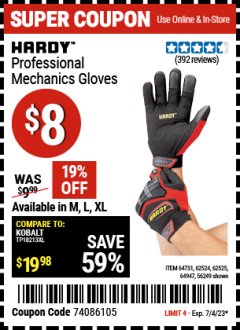 Harbor Freight Coupon HARDY PROFESSIONAL MECHANICS GLOVES Lot No. 64731, 62524, 62525, 64947, 56249 Expired: 7/4/23 - $8