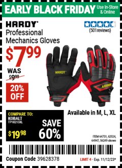 Harbor Freight Coupon HARDY PROFESSIONAL MECHANICS GLOVES Lot No. 64731, 62524, 62525, 64947, 56249 Expired: 11/12/23 - $7.99