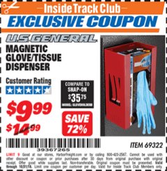 Harbor Freight ITC Coupon MAGNETIC GLOVE/TISSUE DISPENSER Lot No. 69322/66501 Expired: 10/31/18 - $9.99