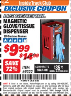 Harbor Freight ITC Coupon MAGNETIC GLOVE/TISSUE DISPENSER Lot No. 69322/66501 Expired: 1/31/19 - $9.99