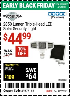 Harbor Freight Coupon BUNKER HILL 2850 LUMEN TRIPLE-HEAD LED SOLAR SECURITY LIGHT Lot No. 58459 Expired: 11/22/23 - $44.99