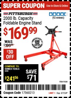 Harbor Freight Coupon 2000 LB. CAPACITY FOLDABLE ENGINE STAND Lot No. 59200 Valid: 2/26/24 3/7/24 - $169.99