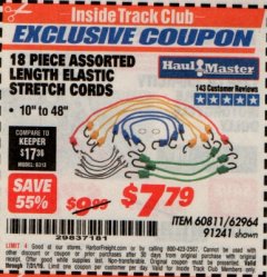 Harbor Freight ITC Coupon 18 PIECE ASSORTED LENGTH ELASTIC STRETCH CORDS Lot No. 60811/62964/91241 Expired: 7/31/19 - $7.79