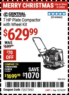 Harbor Freight Coupon CENTRAL MACHINERY 7HP PLATE COMPACTOR WITH WHEEL KIT Lot No. 70167 Expired: 12/10/23 - $629.99