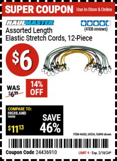 Harbor Freight Coupon HAULMASTER ASSORTED LENGTH ELASTIC STRETCH CORDS, 12-PIECE Lot No. 46682/60534/61938/56890 Expired: 2/18/24 - $6