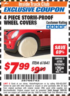 Harbor Freight ITC Coupon 4 PIECE STORM-PROOF WHEEL COVERS Lot No. 93715/61841 Expired: 10/31/18 - $7.99