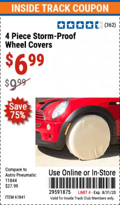 Harbor Freight ITC Coupon 4 PIECE STORM-PROOF WHEEL COVERS Lot No. 93715/61841 Expired: 8/31/20 - $6.99